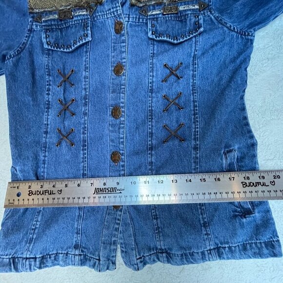 Nancy Bolen City Girl Button Front Blue Denim Jacket Size 8 Snakeskin Detail - Picture 7 of 10